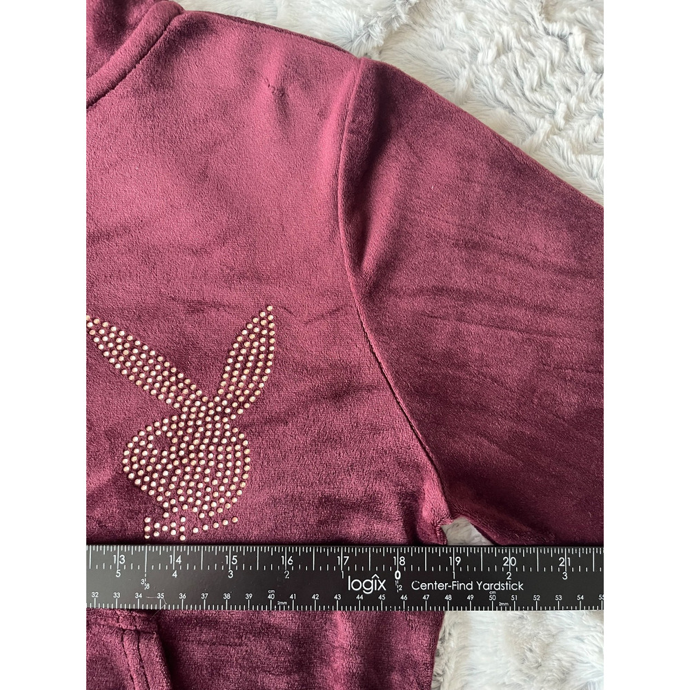 Playboy M Burgundy Velour Cropped Zip Hoodie Rhinestone Bunny Y2K Streetwear - Picture 8 of 8